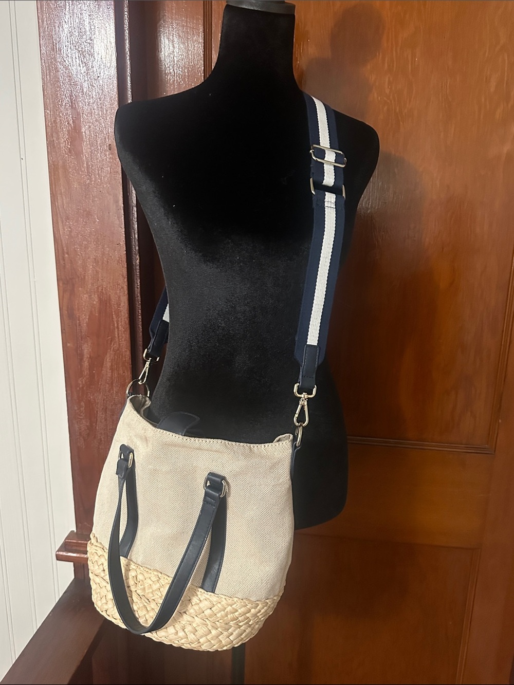 Talbots Beige Canvas Tote with Navy Trim and Striped Strap